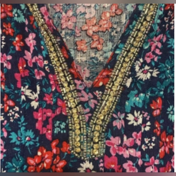 Charter Club Luxury~Linen Colorful Floral Tunic Top Rhinestone Beaded Neckline - Picture 11 of 14